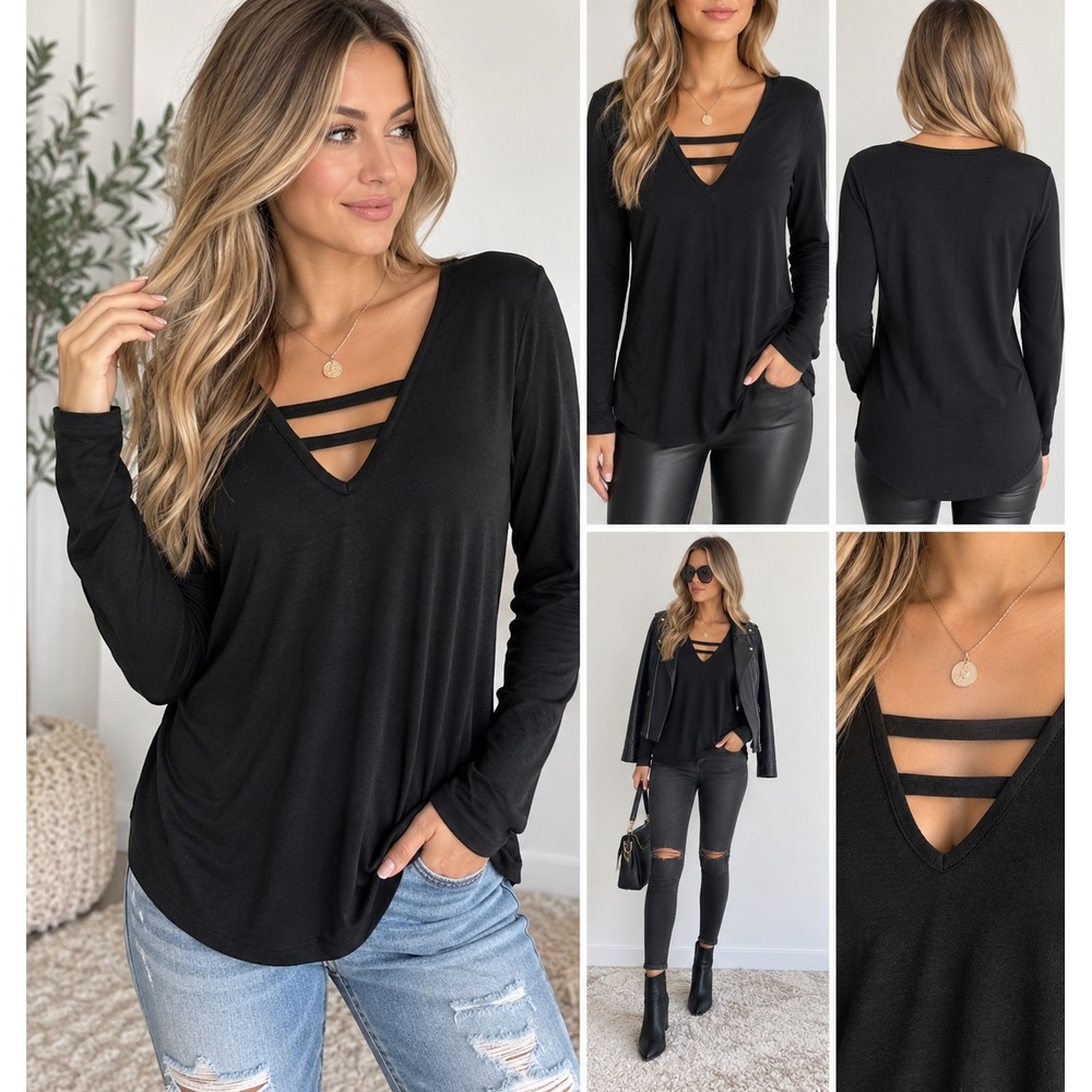 Sheilay Long Sleeve Top Women Large Black Strappy V-Neck Cage Detail Casual Tee